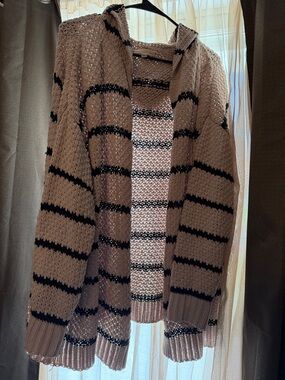Women’s Beige Knit Hooded Cardigan with Black Stripes